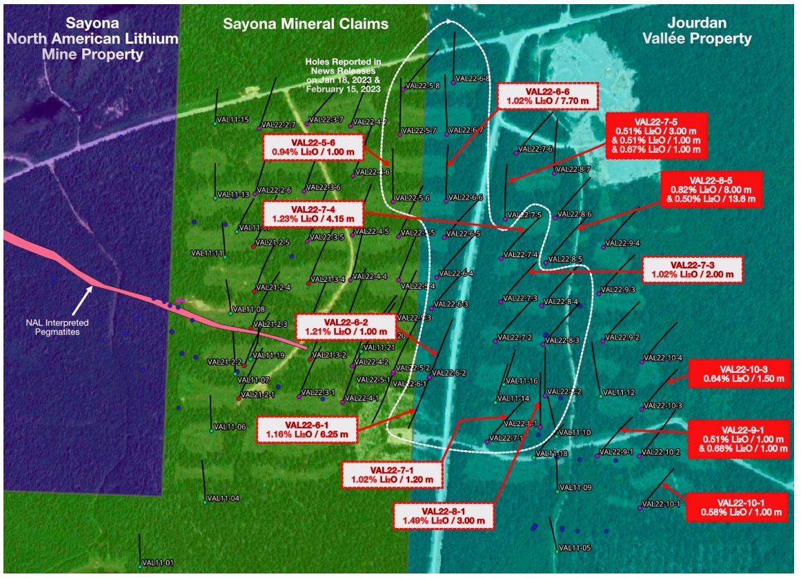 The Vallée property is immediately east of the NAL mine. This figure depicts the 2011, 2021 and 2022 completed drillholes with a total of 79 drillholes since 2011