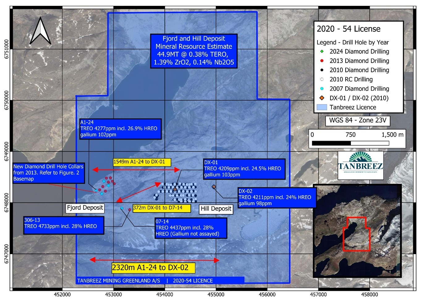 Drill hole collar positions for the newly released deep diamond holes and lengths between drill holes DX-02 to A1-24 to DX-02 of approximately 2320m in a straight and width of 372m width between DDH 003-13.