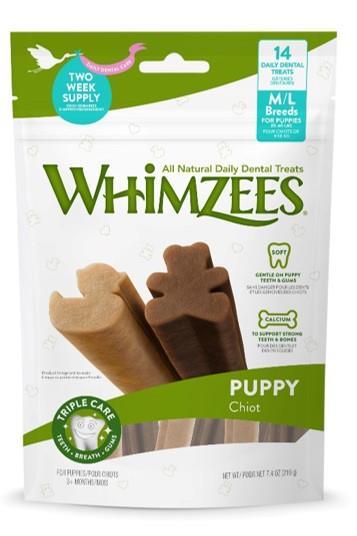 WHIMZEES Puppy daily dental chews are uniquely made for new smiles, with a soft and gentle texture made specifically for developing teeth and gums and added calcium to support strong teeth and bones.
 
