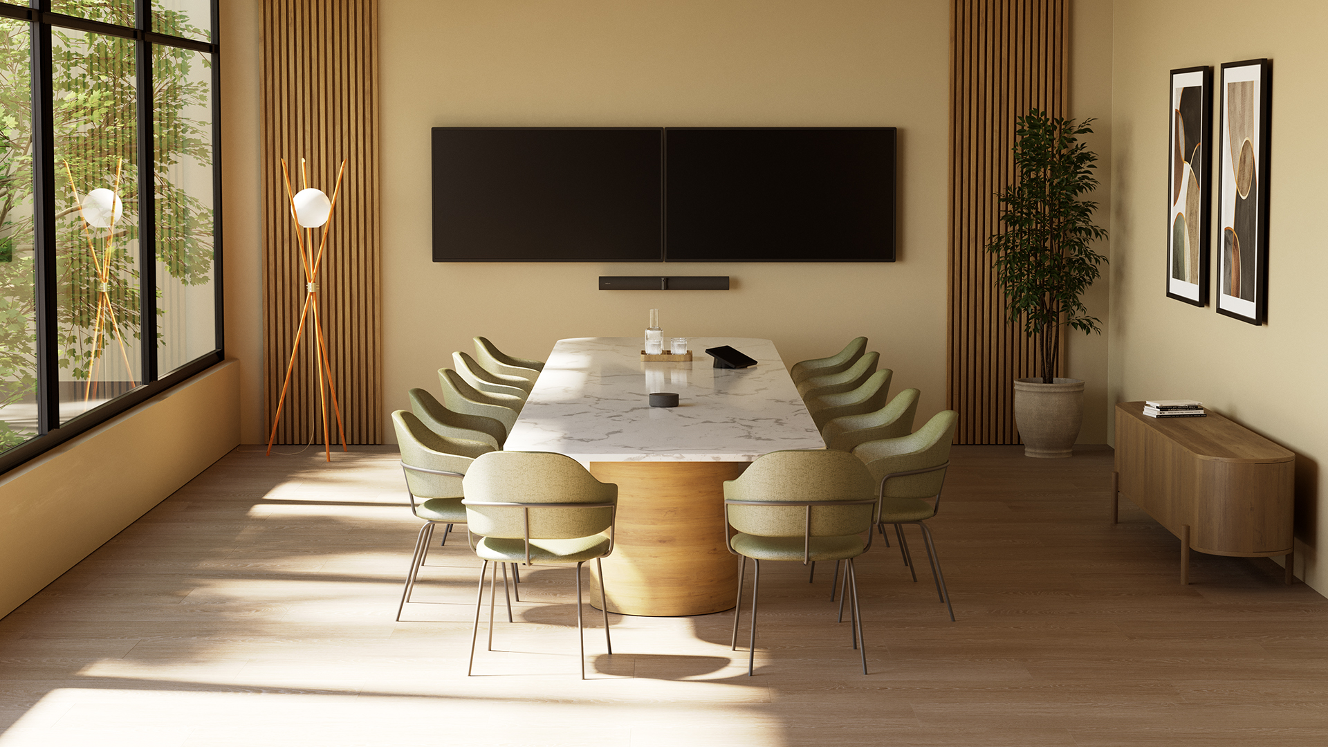 The new PanaCast 55 VBS features a panoramic 180-degree video with intelligent framing and edge AI-powered features that enhance clarity and engagement, capturing the full room in a natural and balanced way. The Jabra PanaCast SpeakerMic captures voices evenly across seating positions and adds meeting room controls, helping conversations feel clear, natural and balanced throughout the room.