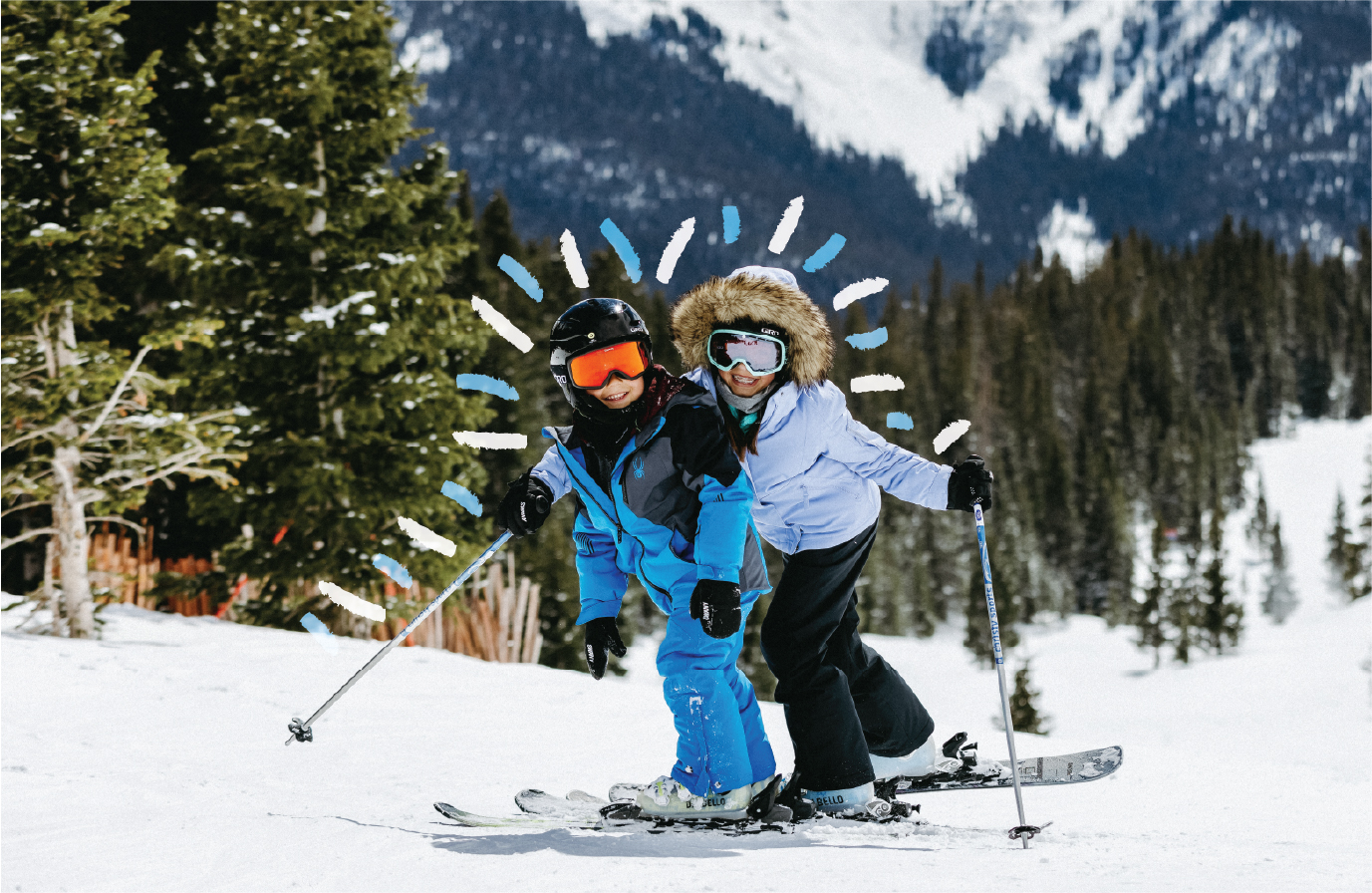 one boy and one girl in winter gear on the ski slopes using Christy Sports rental gear