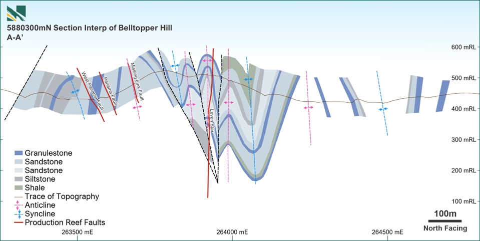 Cross sectional interpretation at Belltopper Hill showing tight anticlinal structures and a network of gold bearing reefs and key domain structures