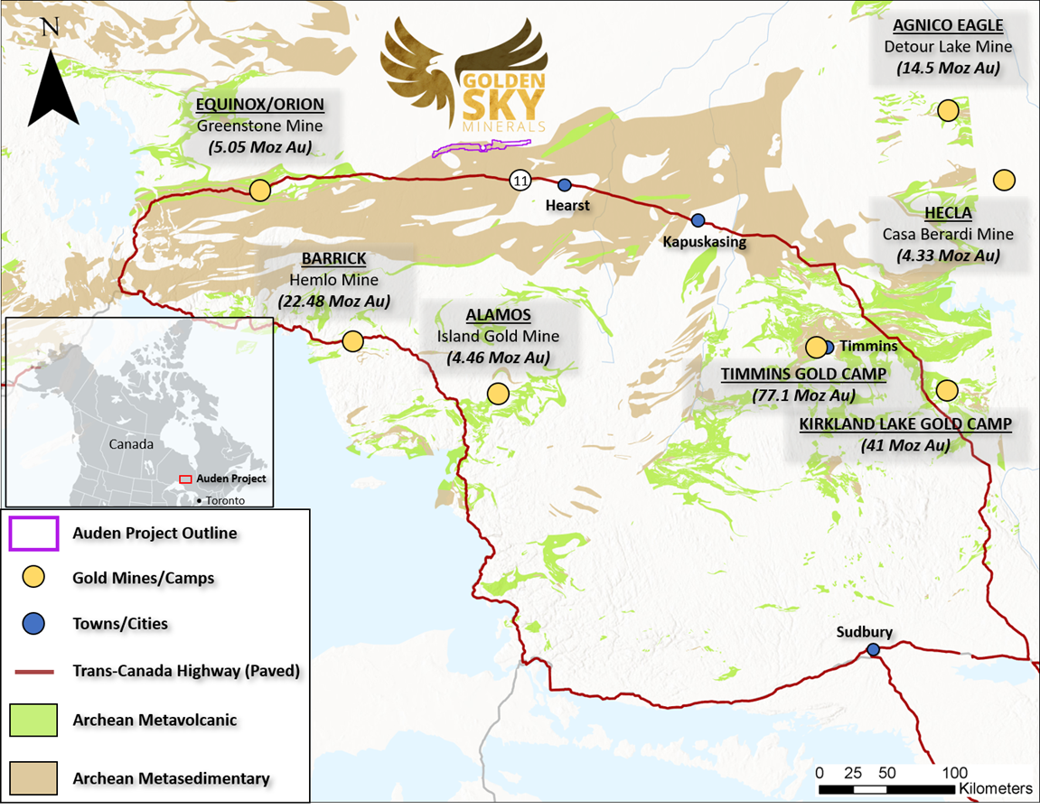 Figure 1: The ~26,300-hectare Auden Property is located east the Beardmore-Geraldton Greenstone Belt of Ontario, Canada. Information referenced from Torr Metals Corp. News Release dated Oct. 26, 2023, Figure 1.