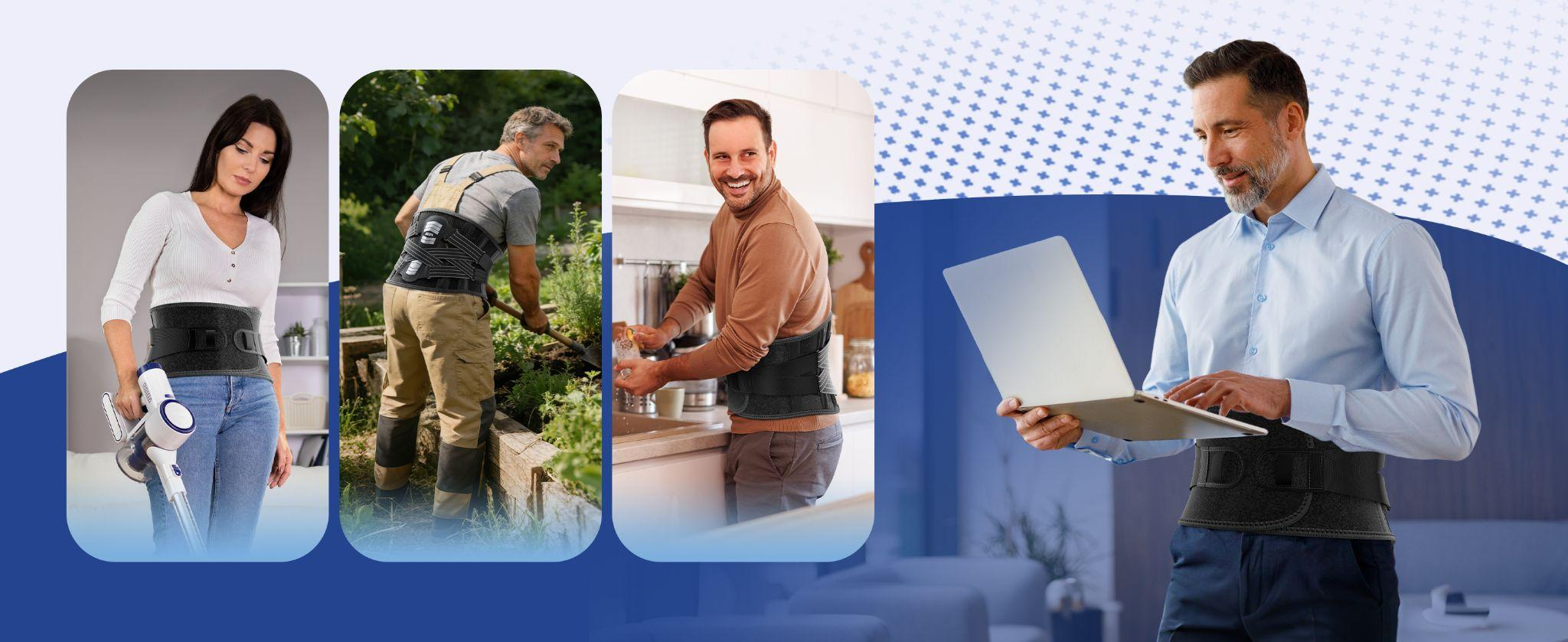 FEATOL back brace worn by men and women during cleaning, gardening, cooking, and office work for all-day lower back support