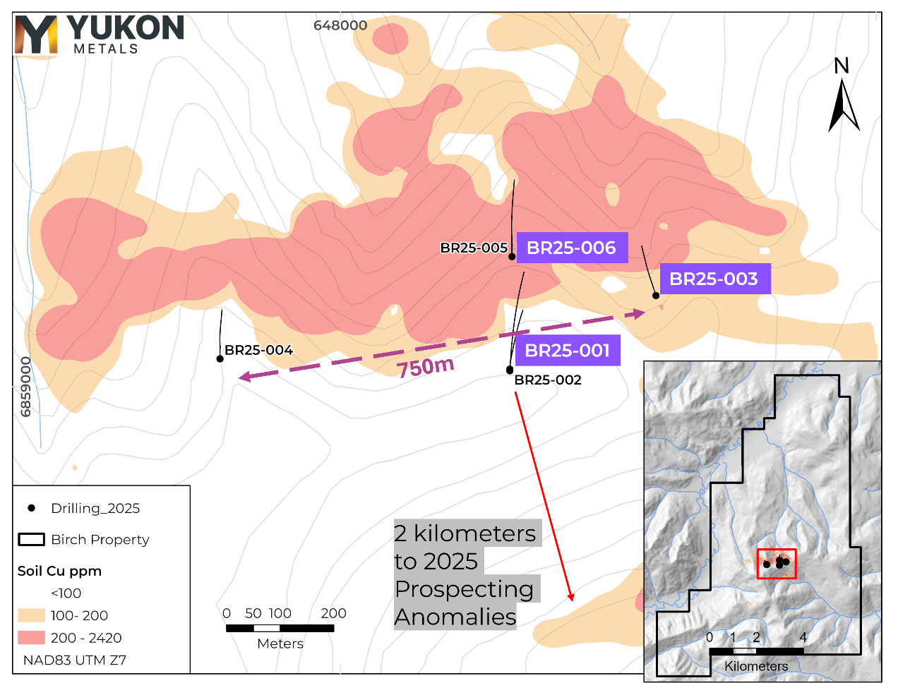 Figure 1 - 2025 Drill Location Map with Overlain 2024 Soil Copper Anomaly.