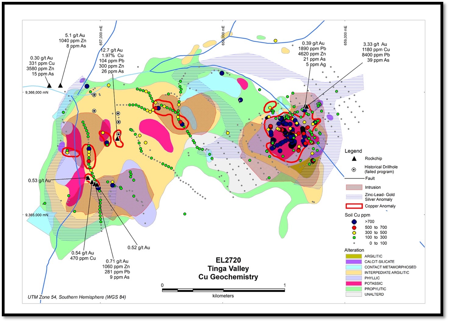 Tinga Valley - Alteration map and surface copper geochemistry from historic work
