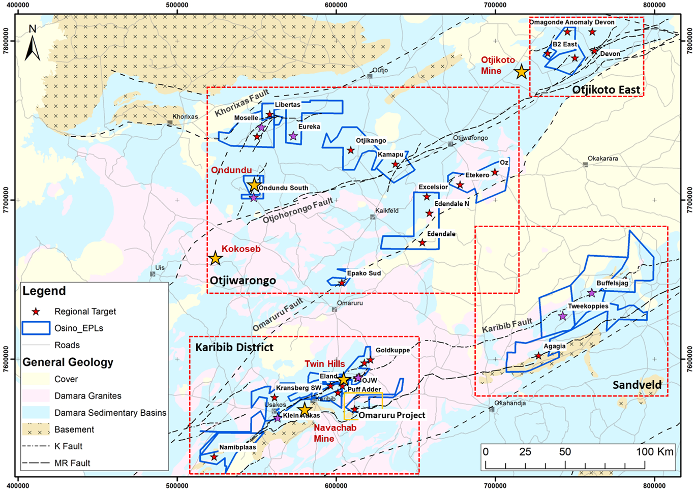 Figure 1: Omaruru Lithium Project location relative to the Twin Hills Gold Project, other Osino projects and mines and deposits in the area