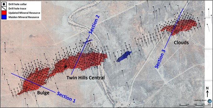 Plan view of the main target areas showing section lines