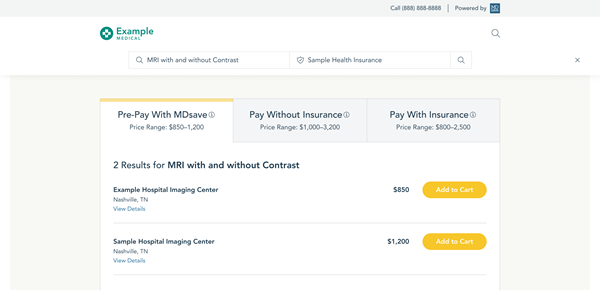 MDsave's hospital price transparency product, showing optional Pre-Pay prices alongside Pay With Insurance and Pay Without Insurance prices.