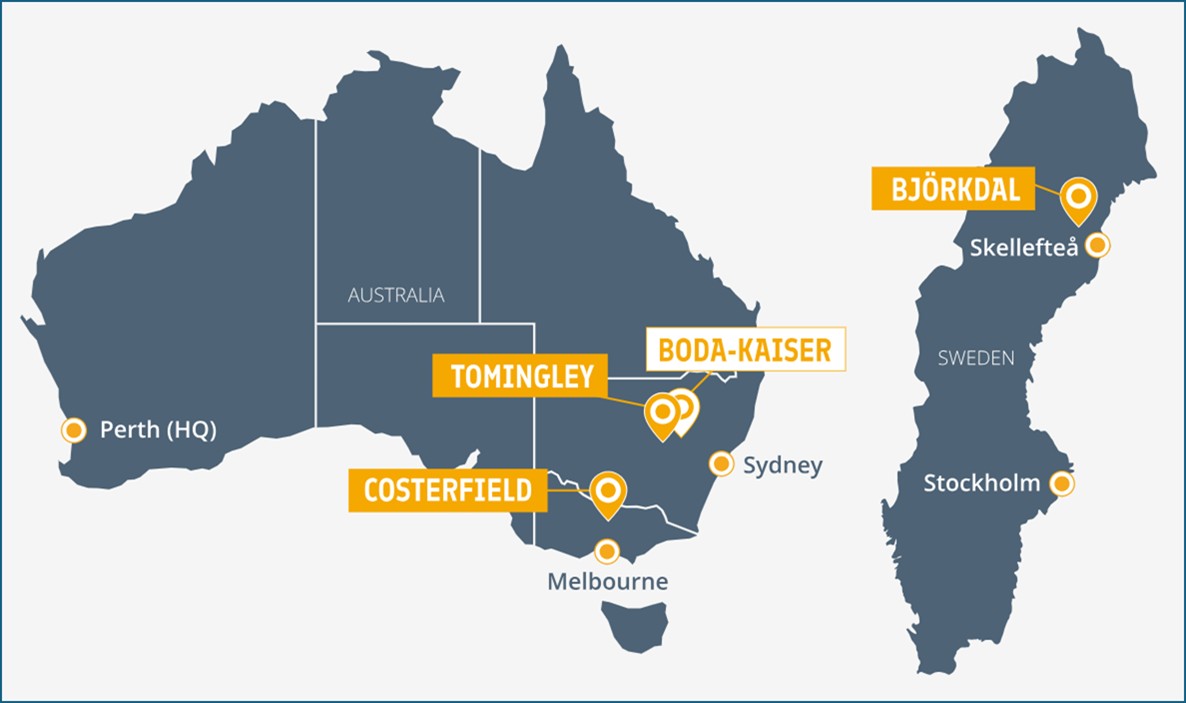 Map of Tomingley, Costerfield, Boda-Kaiser, and Bjorkdal