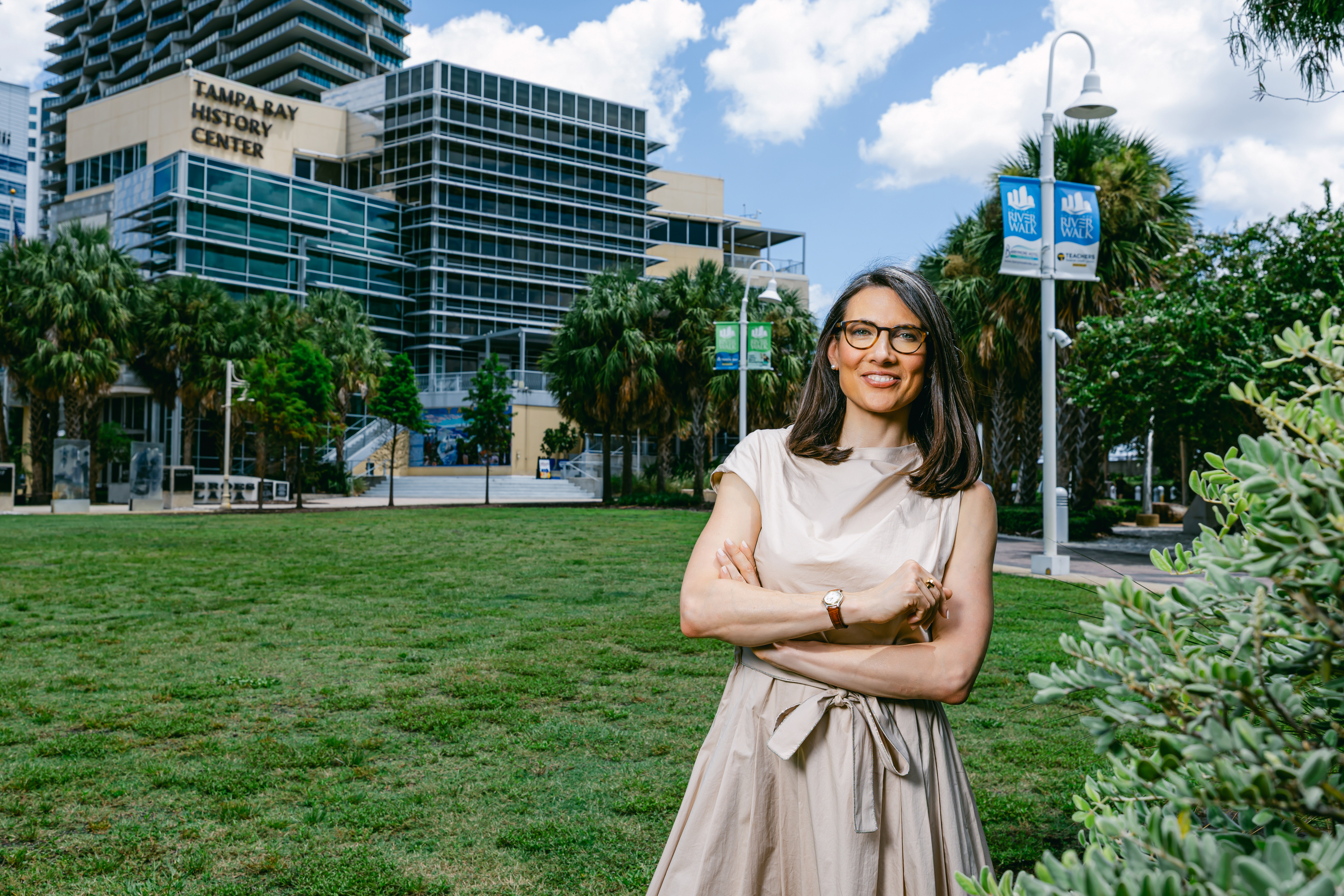 Audrey Chapuis, newly appointed Frank E. Duckwall President and CEO of the Tampa Bay History Center, stands in Cotanchobee Fort Brooke Park with the m