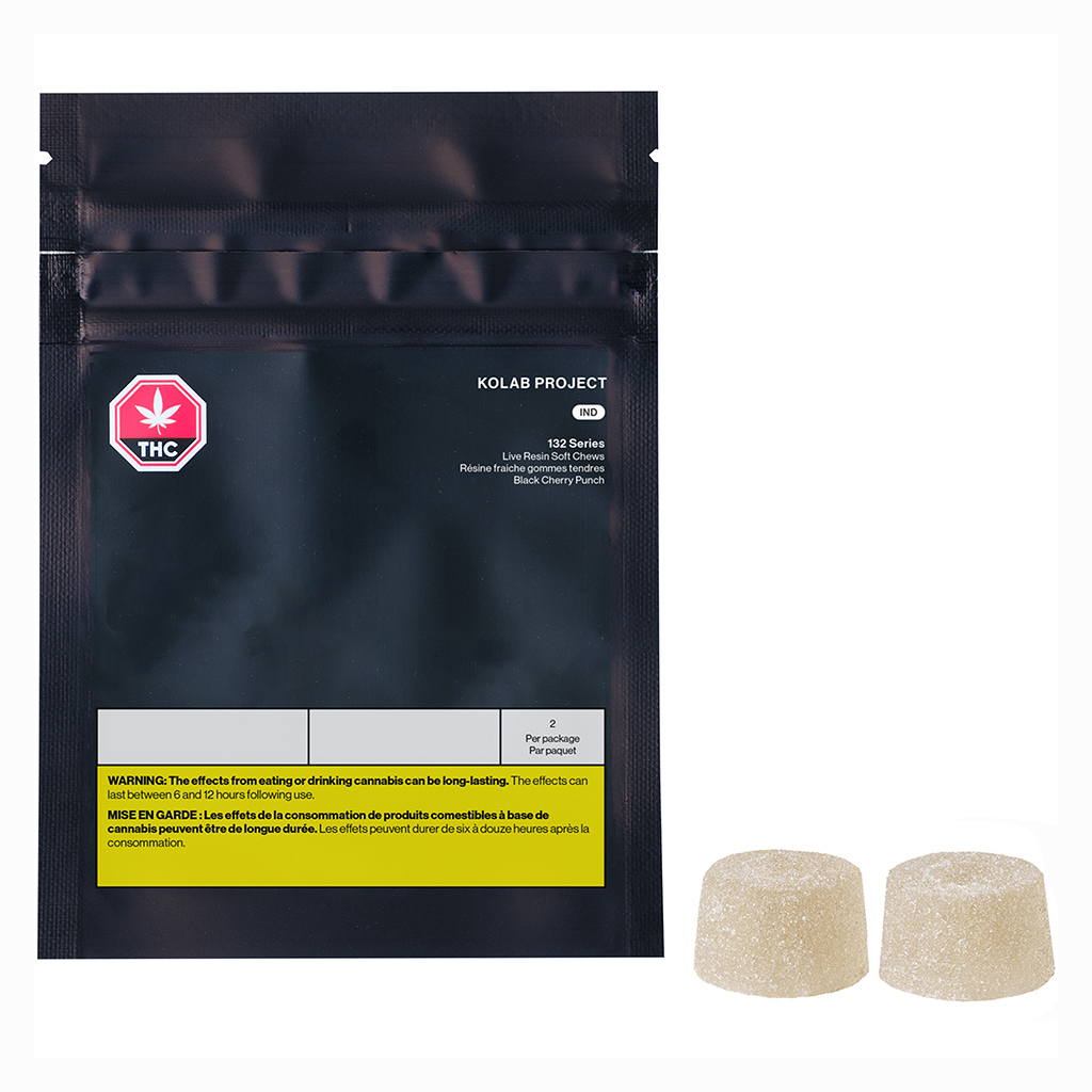 Kolab Project 132 Series Live Resin Soft Chews, which convey the natural flavour of the cannabis strain Black Cherry Punch.