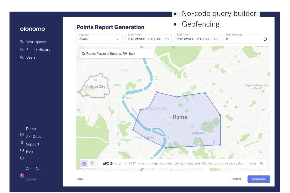 Otonomo Self-Serve Platform - easy-to-use geofencing, dynamic filtering, configurable APIs and visual data report generation 