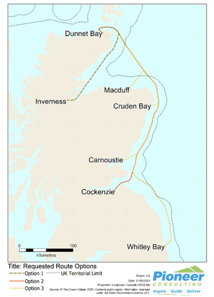 A map of subsea cable route options connecting Scotland’s northernmost shores with Edinburgh, via Cockenzie, and venturing further south. 