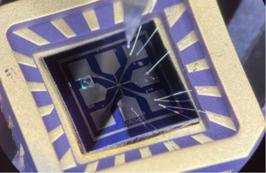 An Archer 4 x 4 mm single-chip quantum electronic device after installing and bonding into a commercial chip carrier. This completed device is compatible with measurement setups for electronic characterisation at cryogenic temperatures as well as ambient conditions at room temperature using Archer's in-house lab capabilities as well as external facilities.
