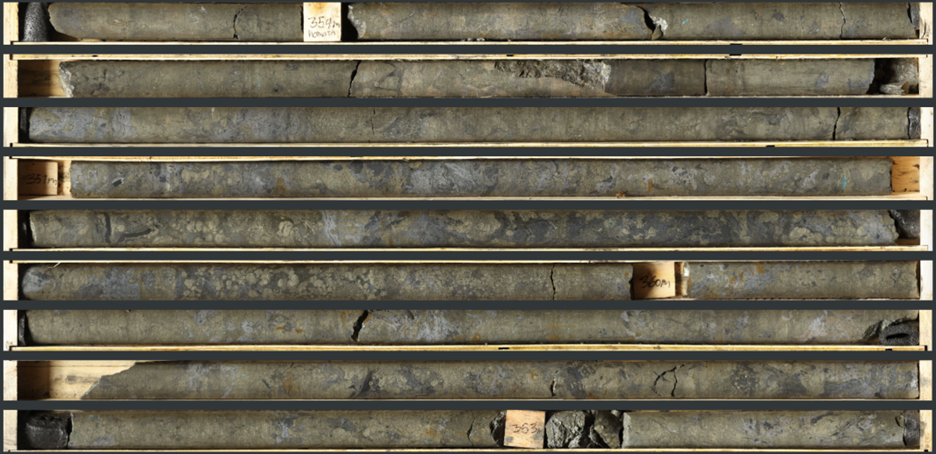 Photo 3: High resolution core scanning image of sphalerite-pyrite-galena-siderite breccia mineralization in NB23-020 (353.7 m to 363.4 m).