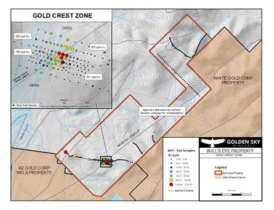 Figure 1: Gold-in-soil values at the Gold Crest zone