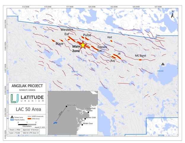 LAC 50 Mineralized Trend on the LUR Angilak Property, Nunavut. Yellow star indicates Main Zone drilling area.