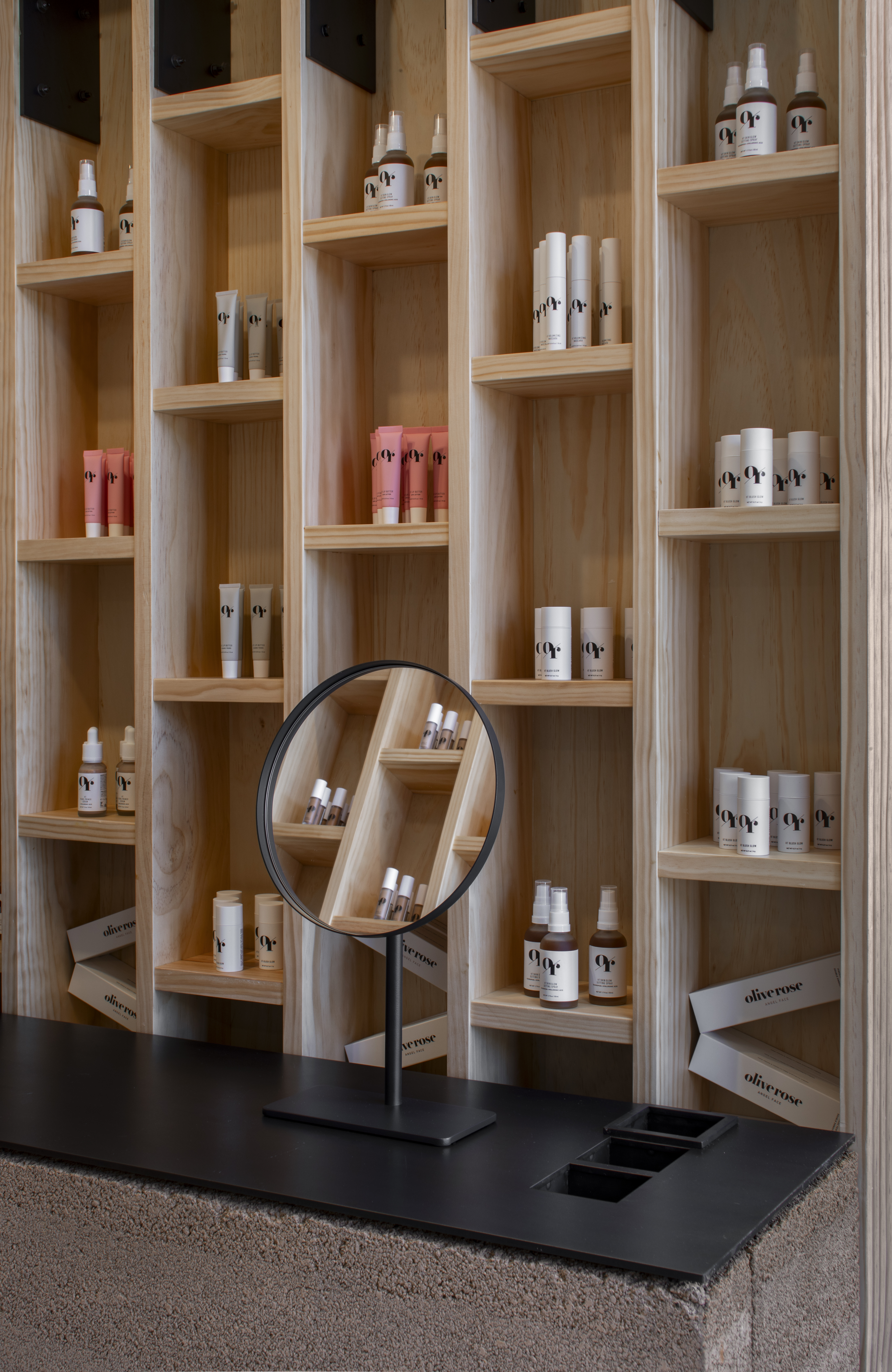 OLIVE ROSE waterless makeup is displayed inside OLIVE TREE PEOPLE’s Venice flagship, where visitors can discover and experience the difference of Waterless Beauty firsthand.