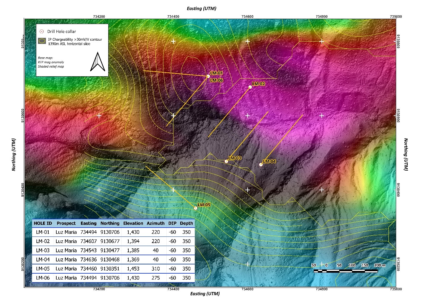 Luz Maria Prospect: Location map of Phase 1 drill holes over RTP mag anomaly and 