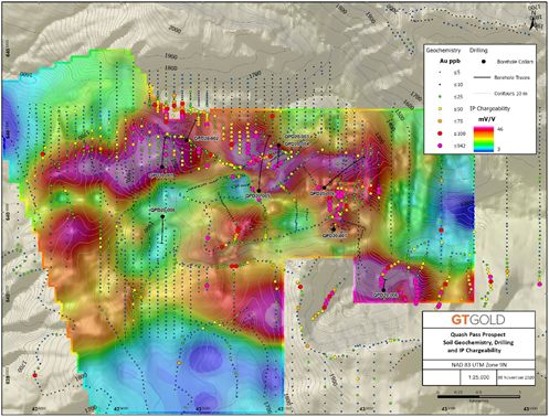 Quash Pass gold-in-soil anomalies, IP chargeability anomalies, borehole collars and traces, Tatogga Project, northwestern BC.