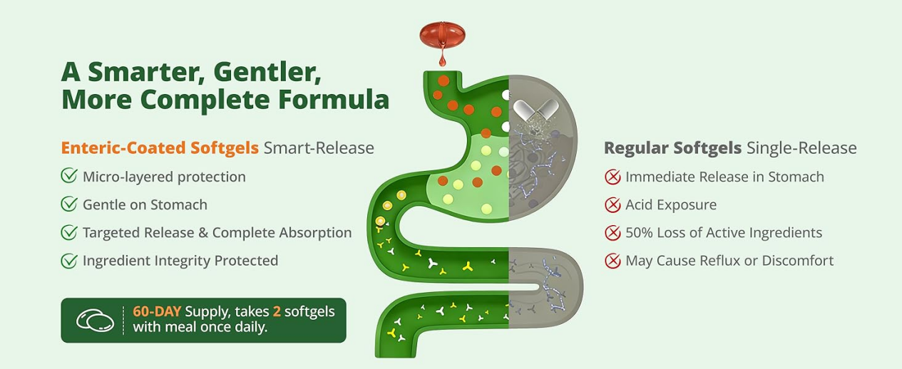 Enteric-coated softgels with smart-release technology for immune wellness. Gentle on stomach, targeted release, and complete absorption.