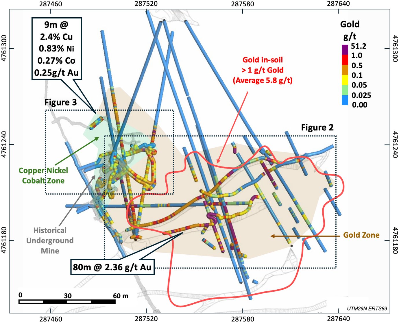 Figure 1 - Providencia target combined channel sample, drillhole and trench sample gold results