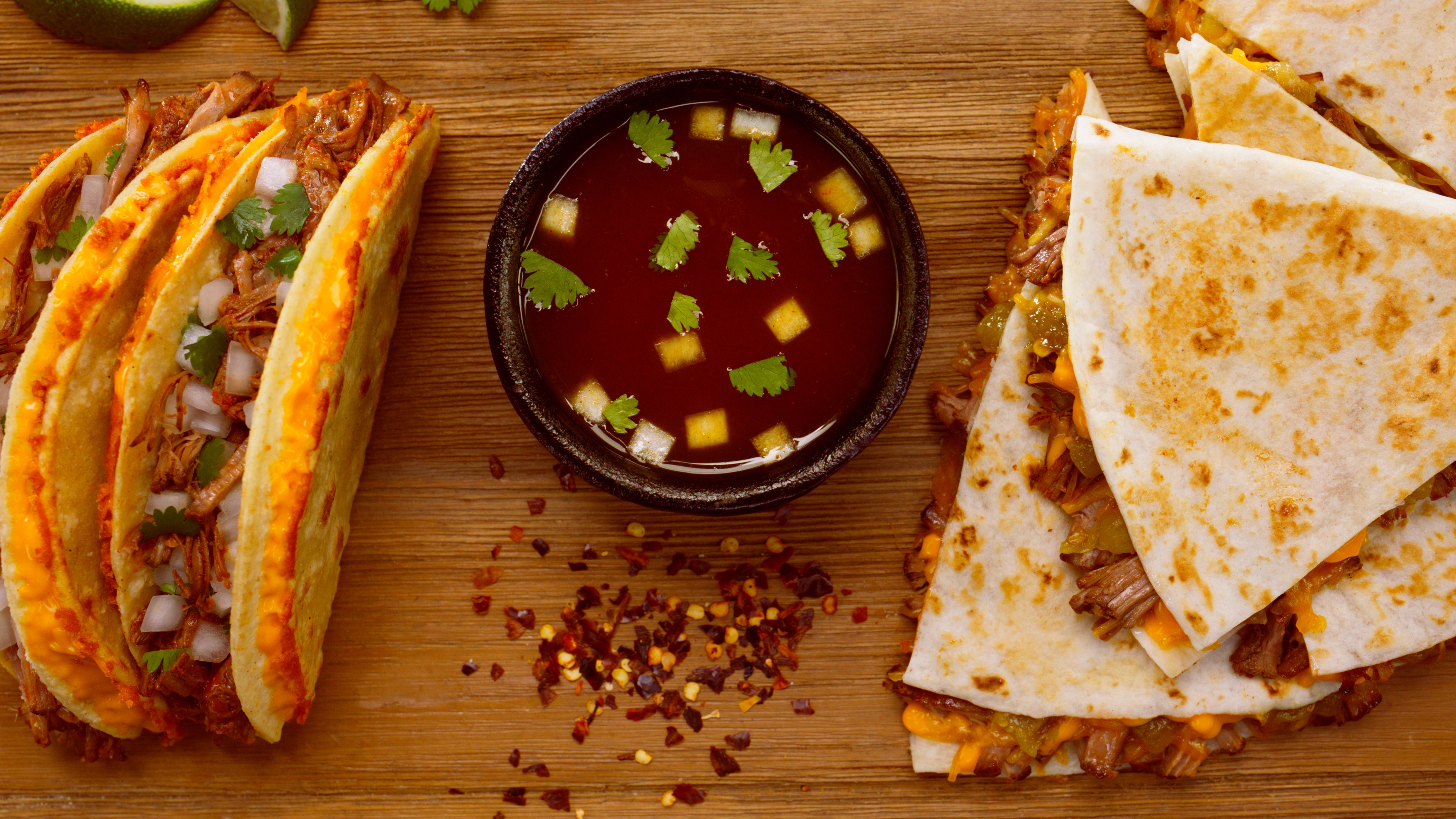 Del Taco Shredded Beef Birria Quesadilla and Tacos 