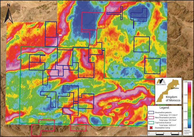 Location of New Boumadine Permits Overlayed with Apparent Conductivity at 175Hz