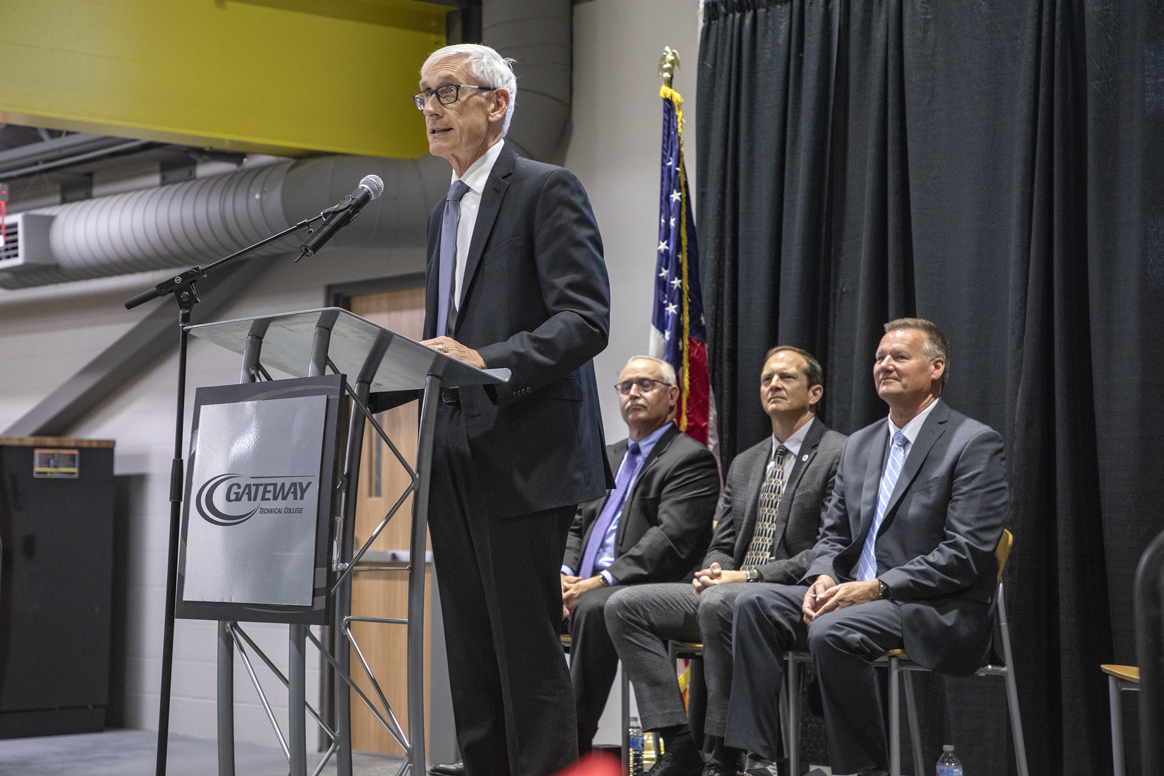 Wisconsin Governor Tony Evers speaks at the opening ceremony for the remodeled and expanded Gateway Technical College SC Johnson iMET Center in Sturtevant Wis., on Oct. 22, 2019. Evers said the center will help drive advanced manufacturing training in the state as well as nationally.