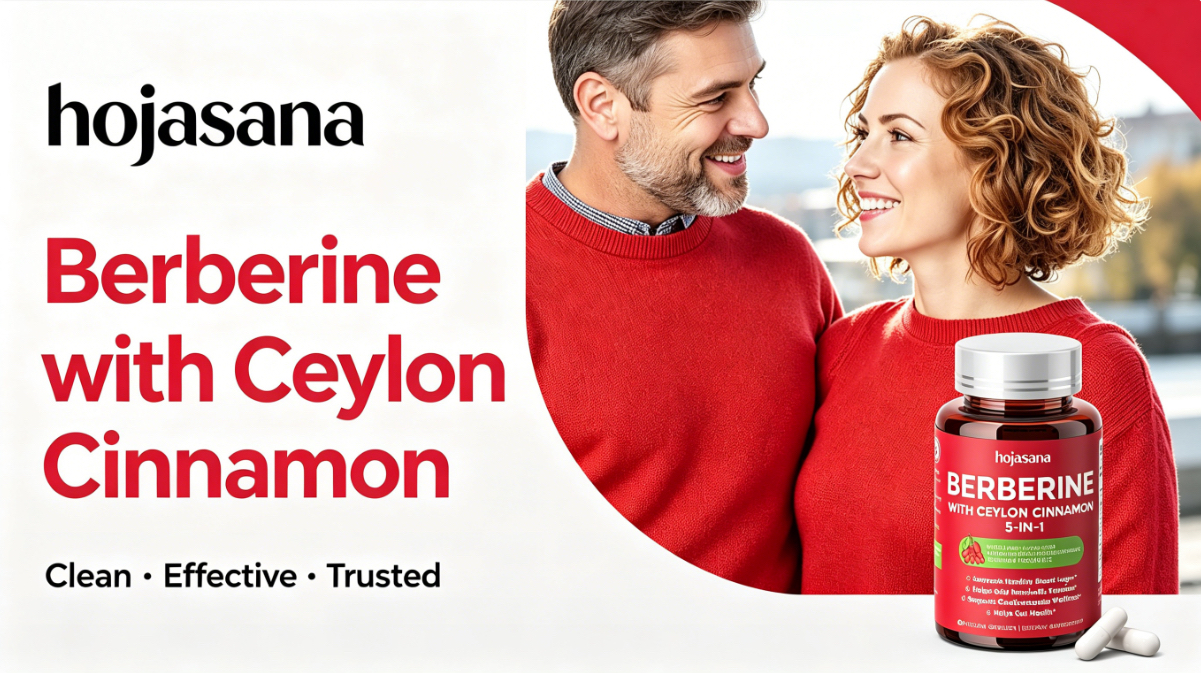 HojaSana Berberine with Ceylon Cinnamon, a clean-label 5-in-1 formula featuring Ceylon cinnamon and natural botanical compounds.