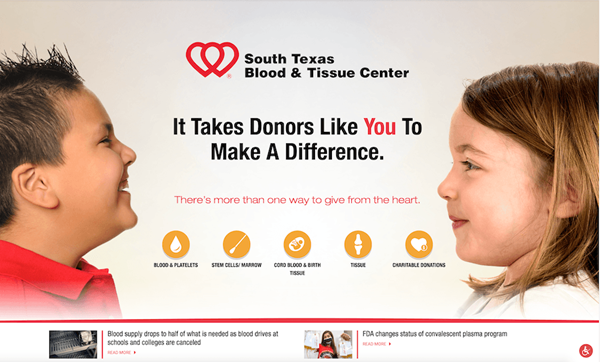 Image of the new donor site, which can be found at SouthTexasBlood.org. The site explains the multiple ways donors can help the community: making blood and COVID-19 convalescent plasma donations, signing up for the marrow/stem cell registry, donating umbilical cord blood or birth tissue, signing up to be a tissue donor, and making a financial donation.