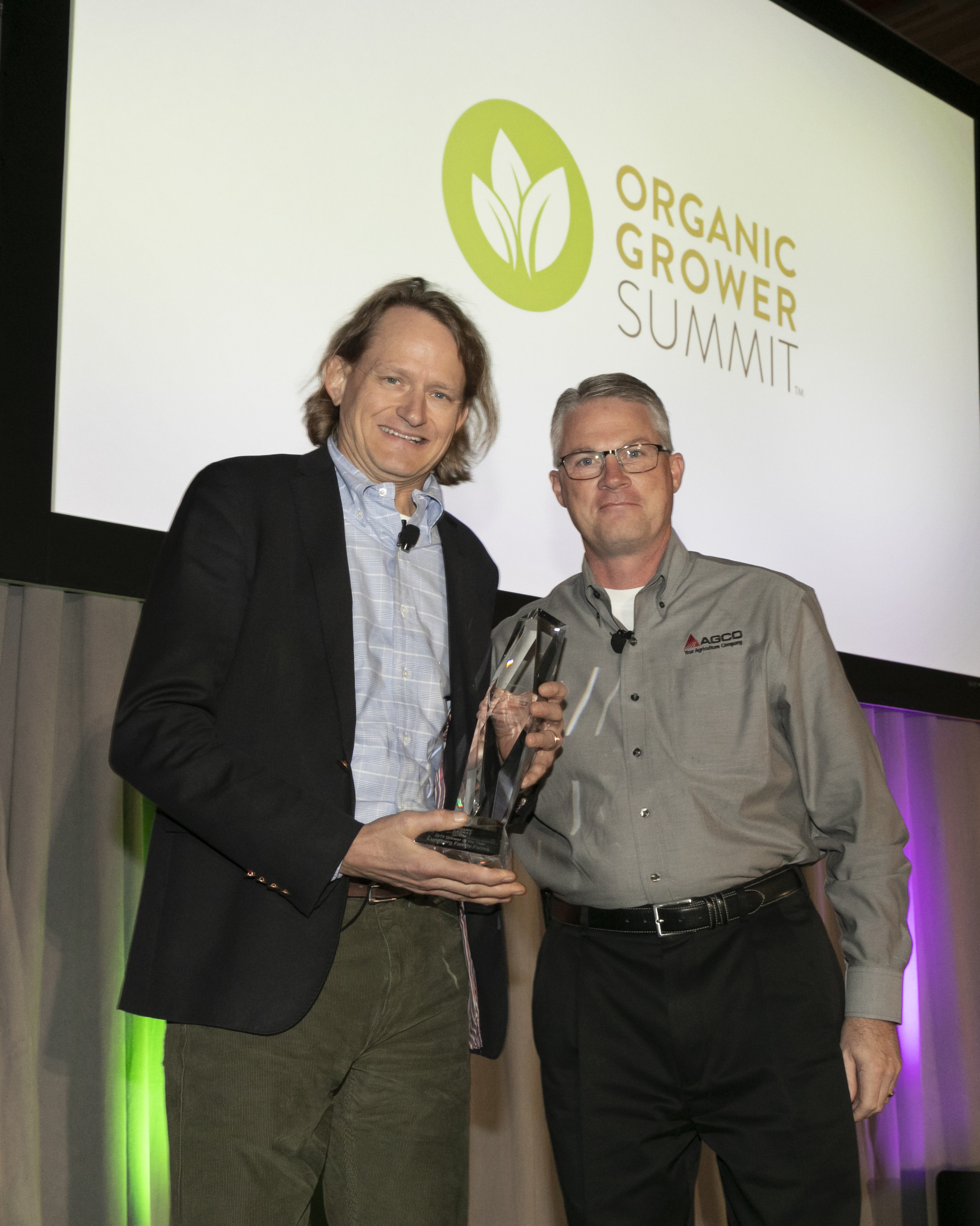 Lundberg Family Farms CEO Grant Lundberg (left) on December 5, 2019, accepting the Organic Grower Summit’s Grower of the Year award in Monterey, California.