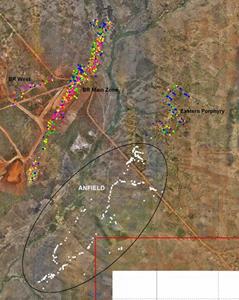 Anfield Zone in Relation to Buckreef Gold Main Zone, Buckreef West & Eastern Porphyry (White Dots Represent Artisanal Mine Workings – See Figure 4 for Legend)