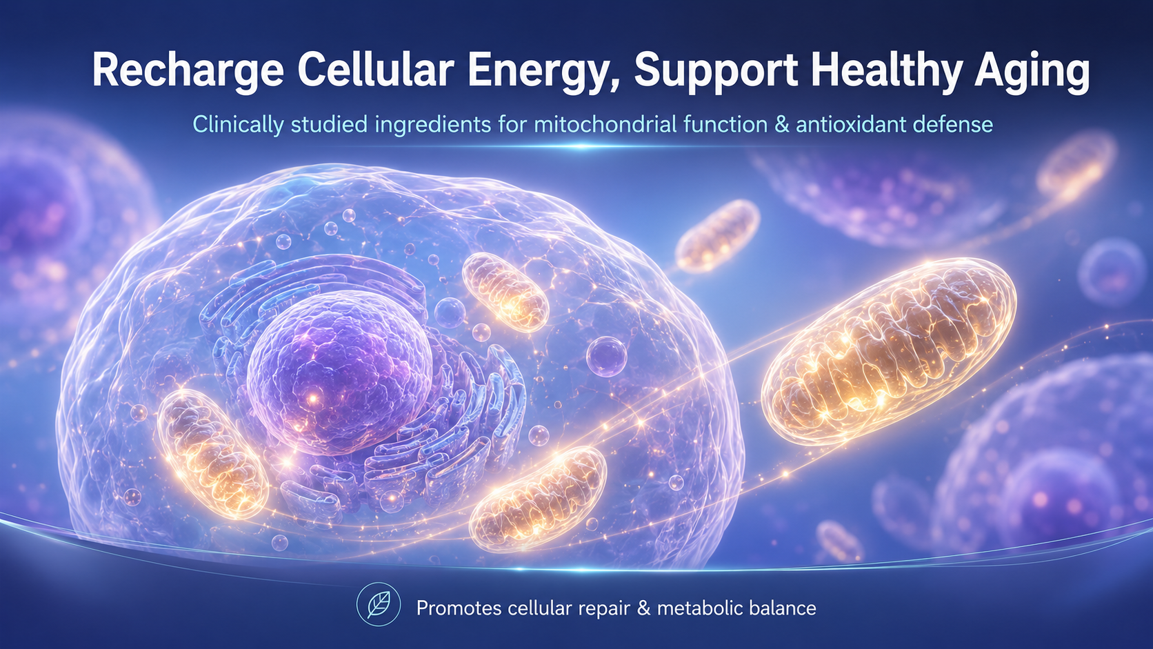 Scientific visualization of a human cell and mitochondria promoting NAD+ supplement benefits for cellular energy and healthy aging support.