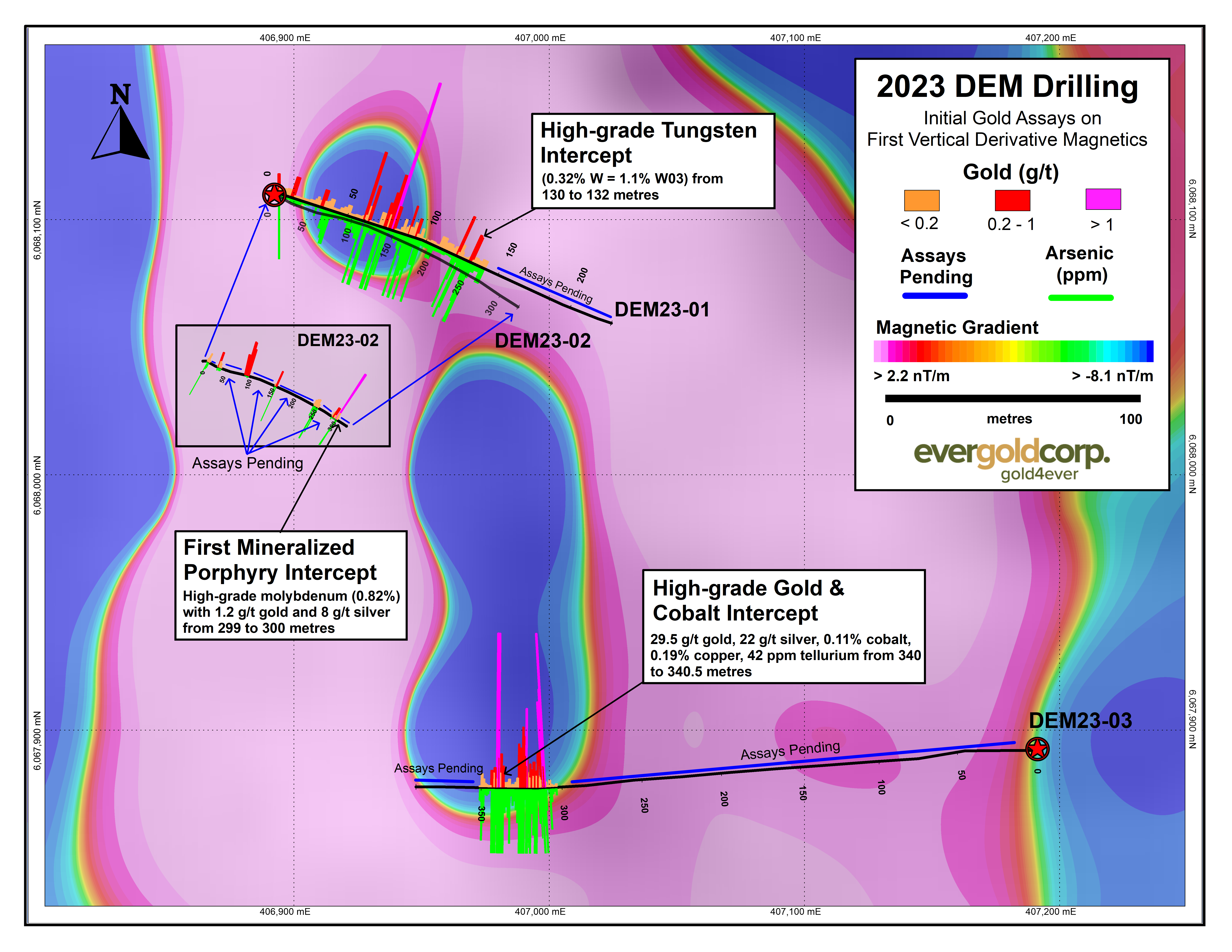 Figure 2 - Close Up Plan View 2023 Drilling with Assays on 1VD Magnetics