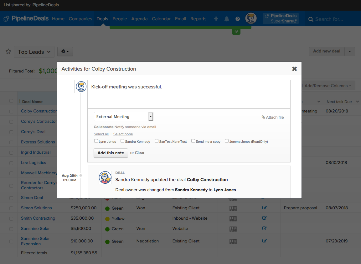 PipelineDeals SuperShare fosters easy collaboration about sales pipeline data, including real-time messaging and comments, with external collaborators. 