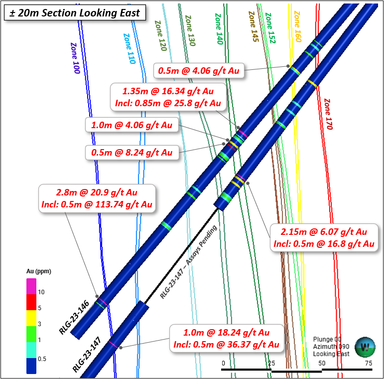 Rowan Mine drill section for Holes RLG-22-146 and RLG-23-147. Note the high-grade intercepts encountered at depth within the 100 Vein Zone.