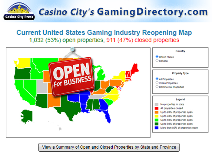 United States Gaming Industry Reopening Map as of June 17, 2020 by Casino City Press. Updated information is available at GamingDirectory.com/covid-19
