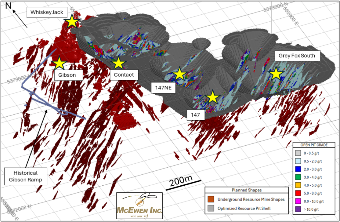 Fig. 2 Open Pit (Grey) and Underground Resources (Red), Including Historical Portal and Ramp (Blue)