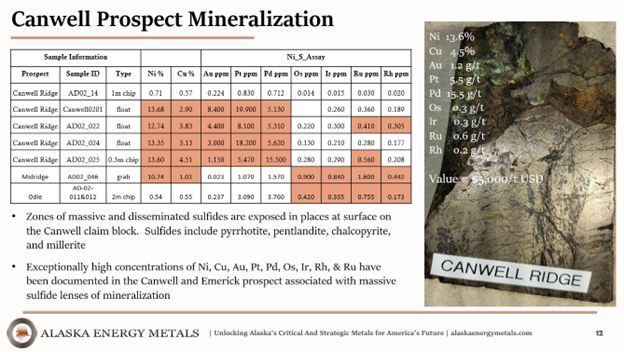 Canwell Zone of Nikolai Project. Surface occurrences of massive sulfide indicate very high grades of Ni, Cu, Au, Pt, Pd, and the rare platinum group elements Os, Ir, Ru and Rh.