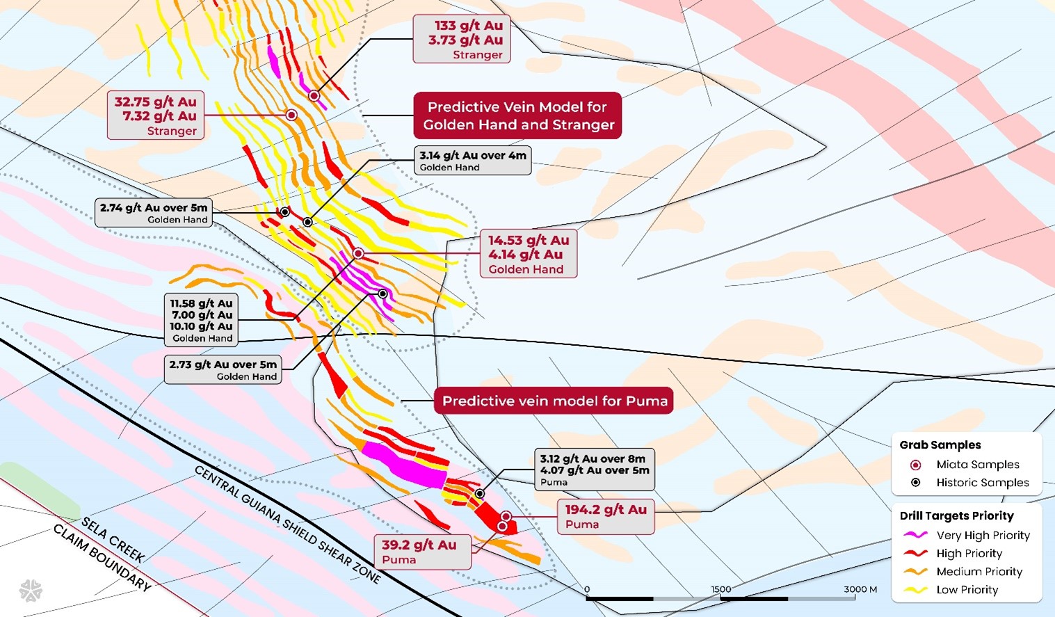 Predictive vein model over Golden Hand, Stranger, and Puma showing key samples discussed in the text. Note that only certain well-mineralized samples are depicted in this image.