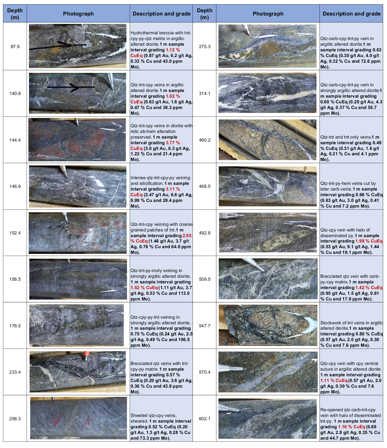 Photos of the diamond drill core from Bg21007 showing the typical styles of veining, mineralization and alteration observed throughout the hole.