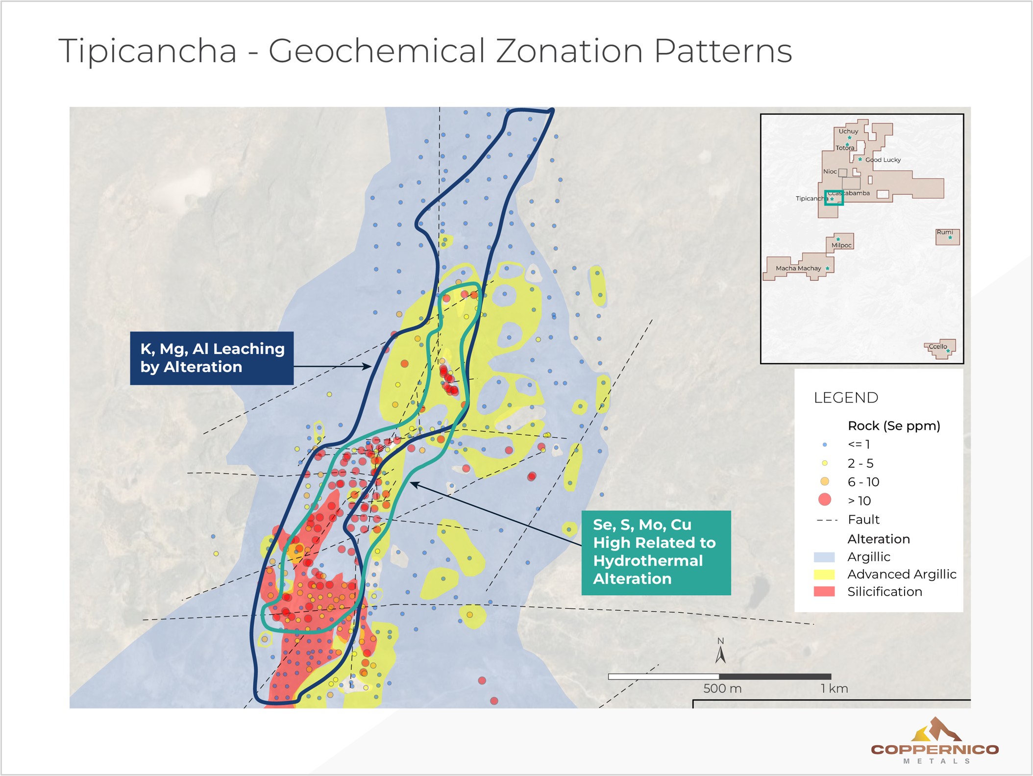 Map of geochemical zonation patterns in the N-Tipicancha target area. 