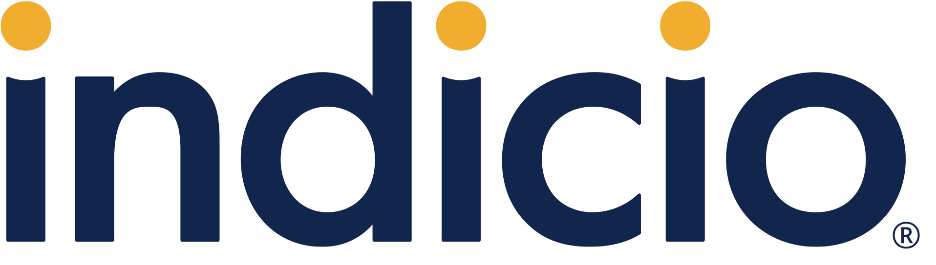 Indicio logo with navy blue font and orange dots above the 'i's on a white background.