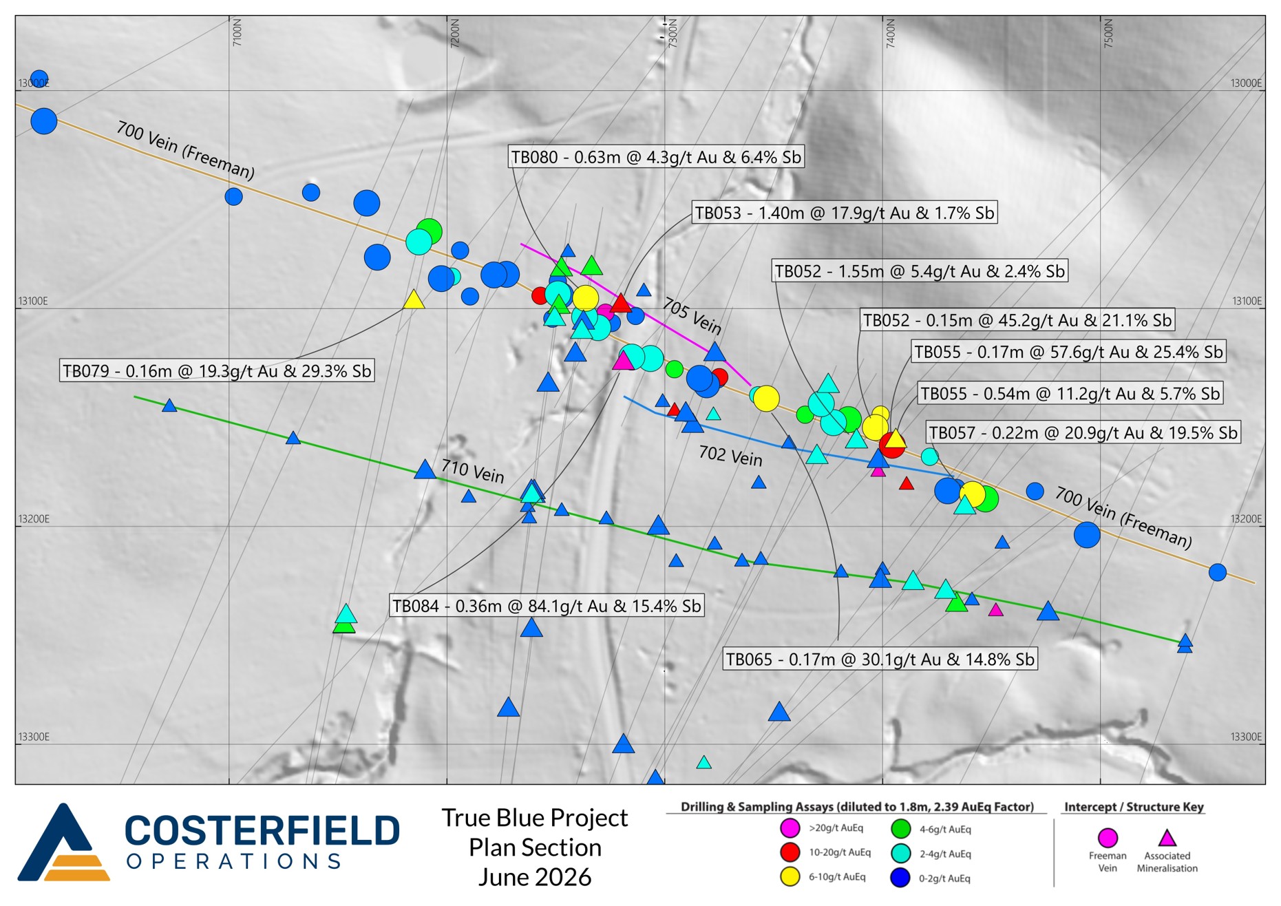 True Blue Deposit Plan Section with major True Blue vein best fit traces displayed, recent drill traces and labels for new intercepts of> 6g/t AuEq when diluted over 1.8m. Older significant drill intercepts are displayed as smaller, unlabelled icons. 