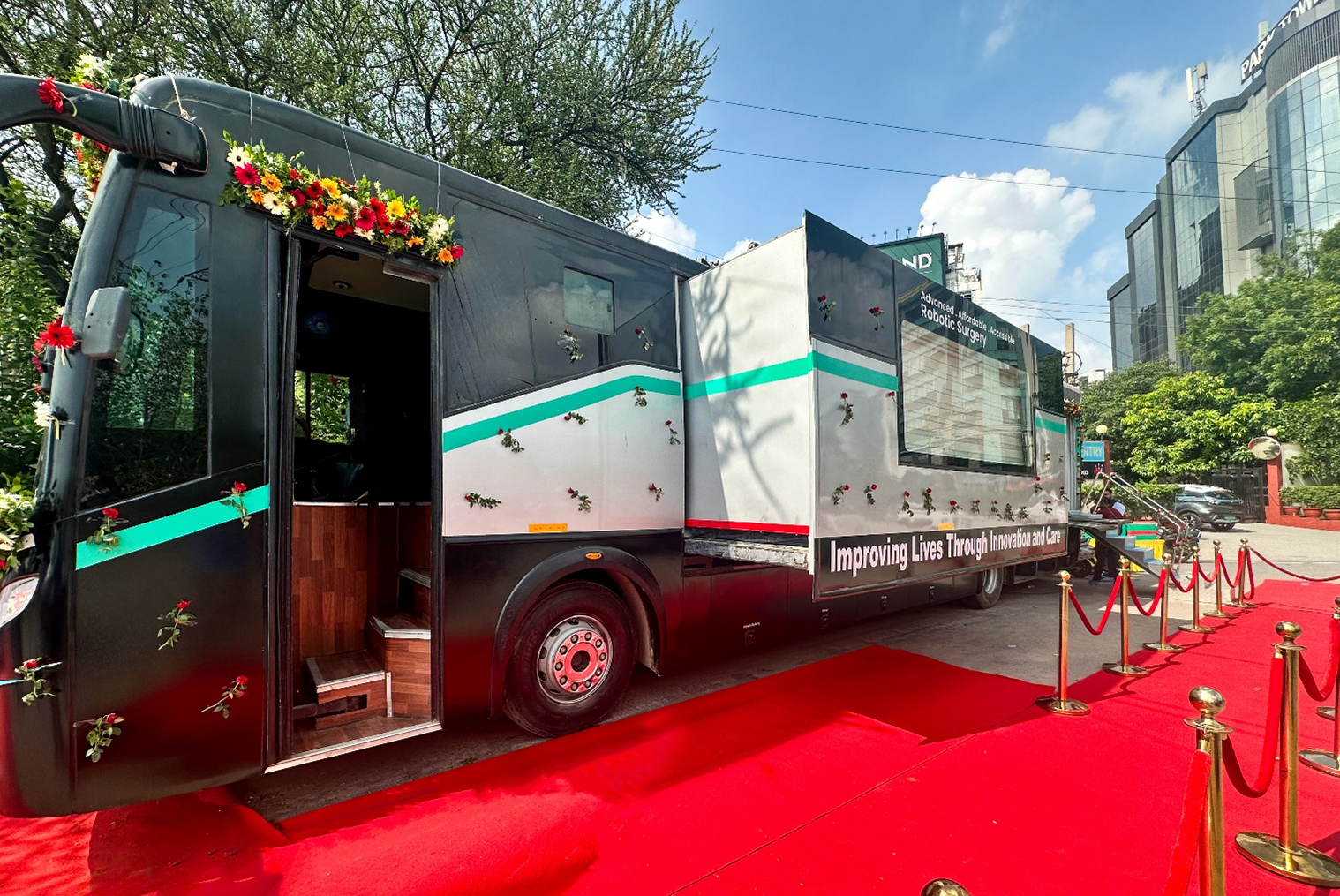 SS Innovations’ MantraM mobile robotic telesurgery unit on a stop during its 2025 tour across India