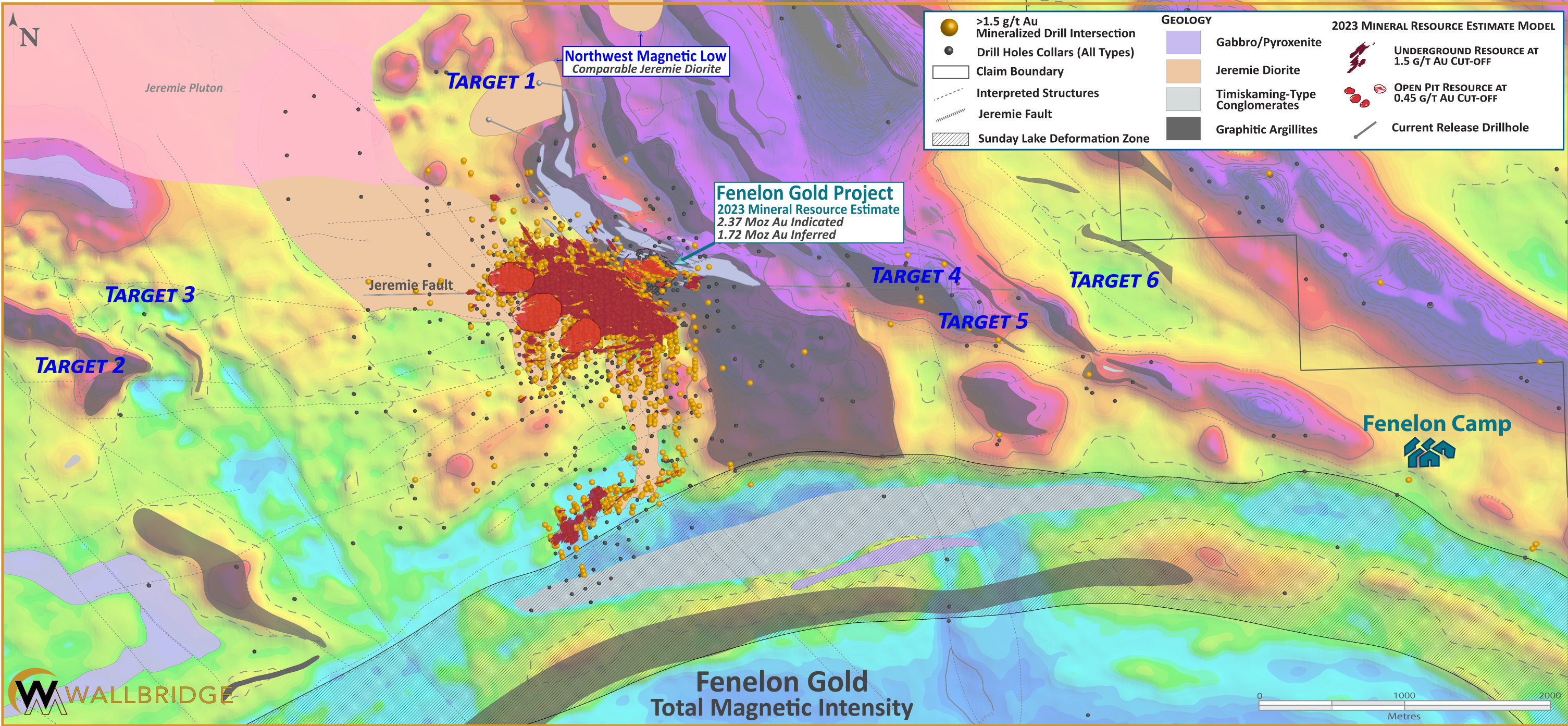 A colored map with a key showing the total magnetic intensity and geology of Fenelon Gold