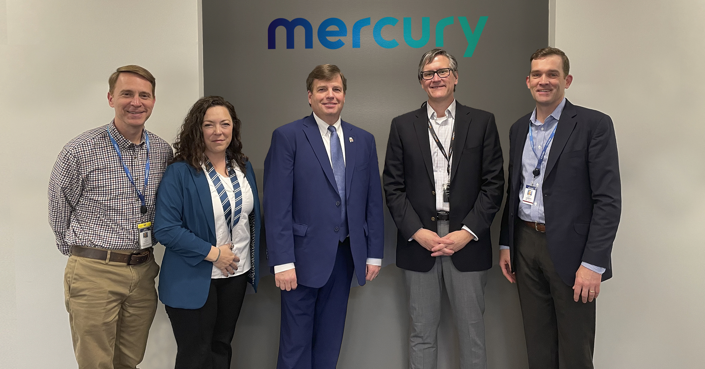 U.S. Rep. Dale Strong (center) visited Mercury's Huntsville facility on February 15, 2023.