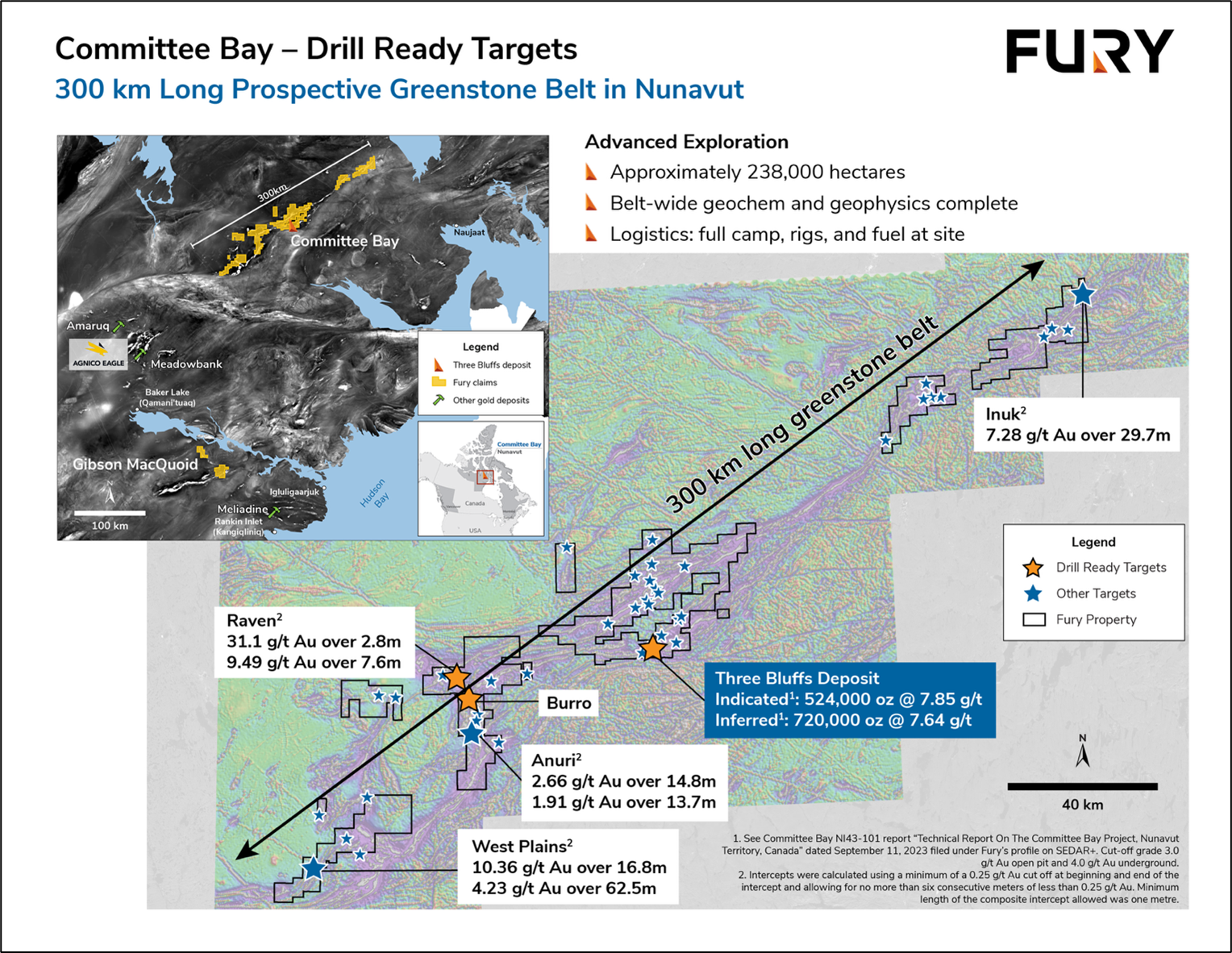 Committee Bay regional land package showing the location of the Three Bluffs Deposit, drill-ready targets, as well as the distribution of gold prospects across the 300 km long greenstone belt. image